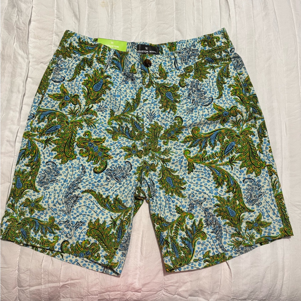 Houston White Paisley-Print Flat Front Men’s Shorts — Green/Blue